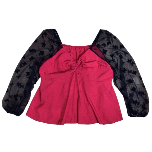 Sold! SHEIN Curve 2XL Red Babydoll Top Butterfly Mesh Sleeves Valentine Date - Picture 3 of 10